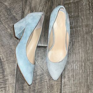Botkier Stella suede leather cool blue pointy toe approximately 3” heels.